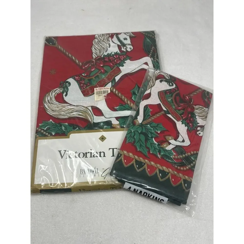 Vtg Bardwil Christmas Tablecloth Napkins Oblong‎ 52X70 Horse Victorian Tidings